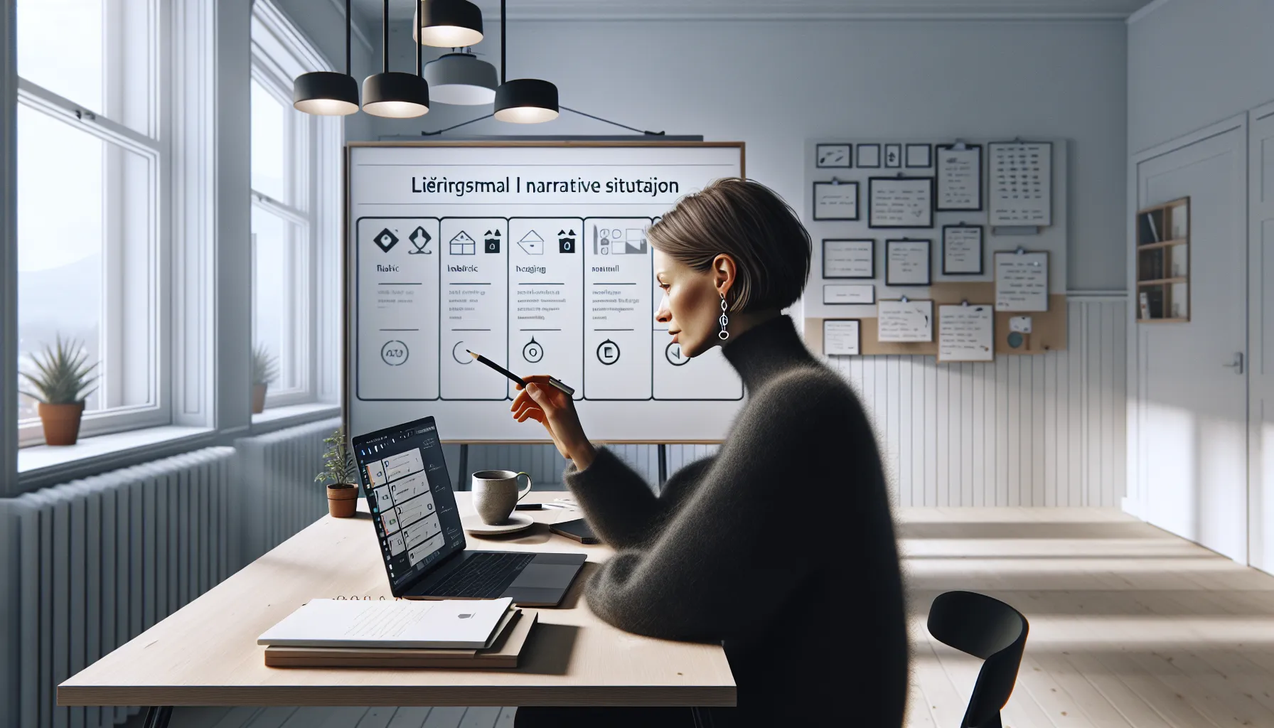 Hvordan bruke storytelling i nettkurs 3 Norwegian designer links learning goals to story scenarios on a laptop.