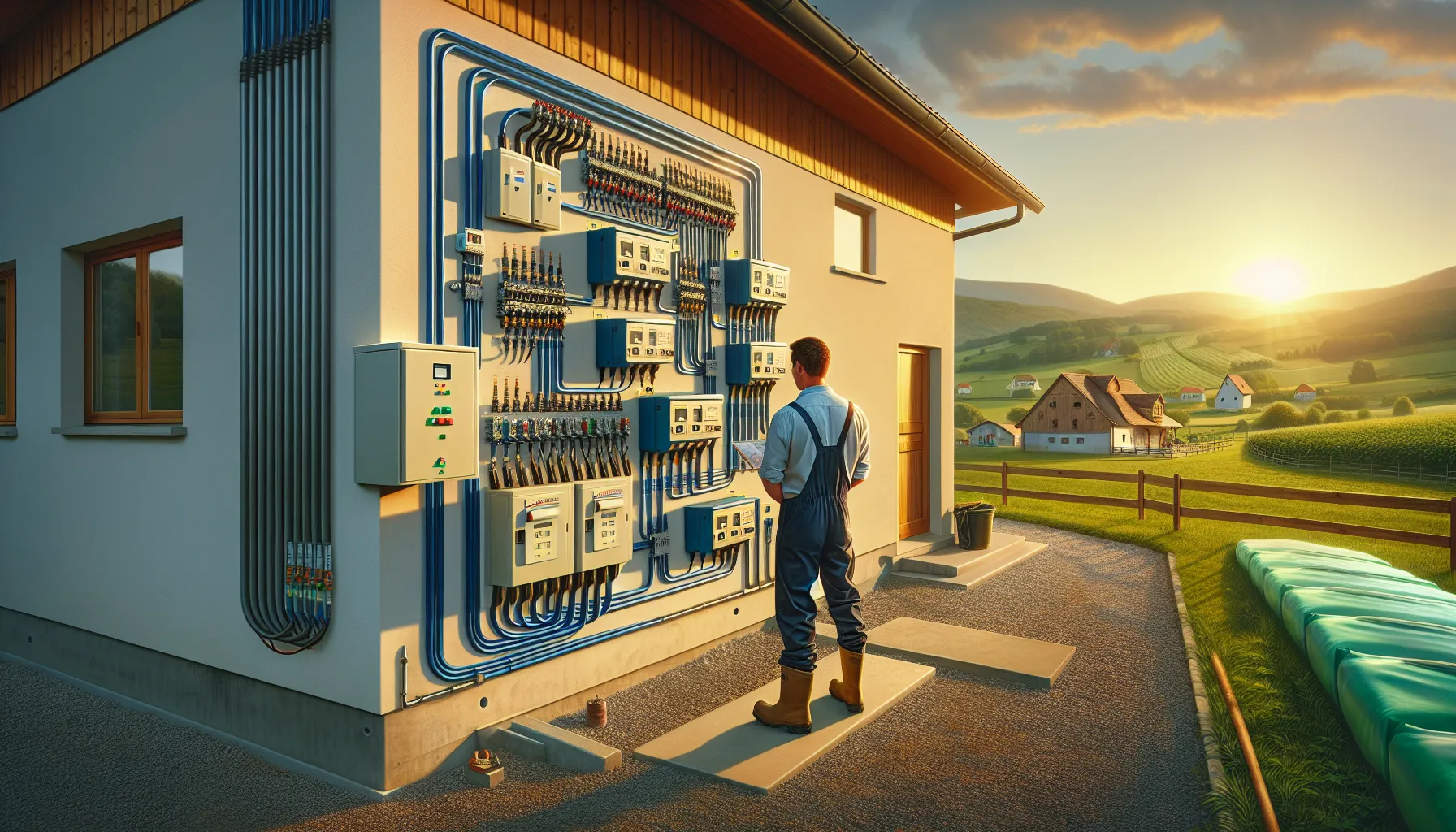 Croatian farmer examining electrical panel at modern agricultural facility