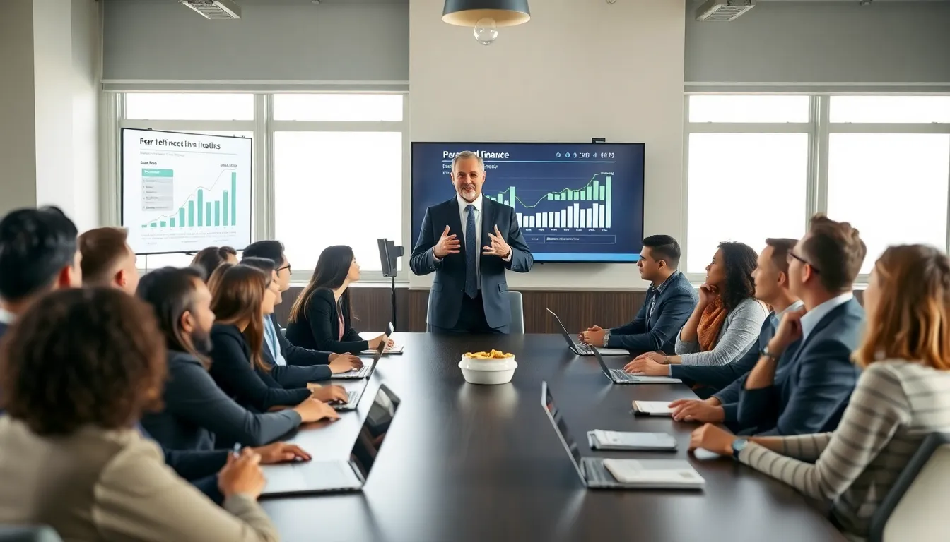 diverse audience engaged with a personal finance speaker in a modern conference room.