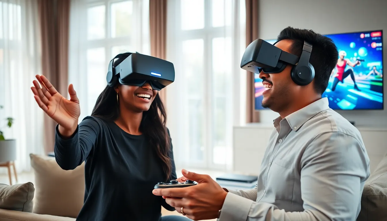 diverse group of gamers enjoying free virtual reality games in a modern living room.