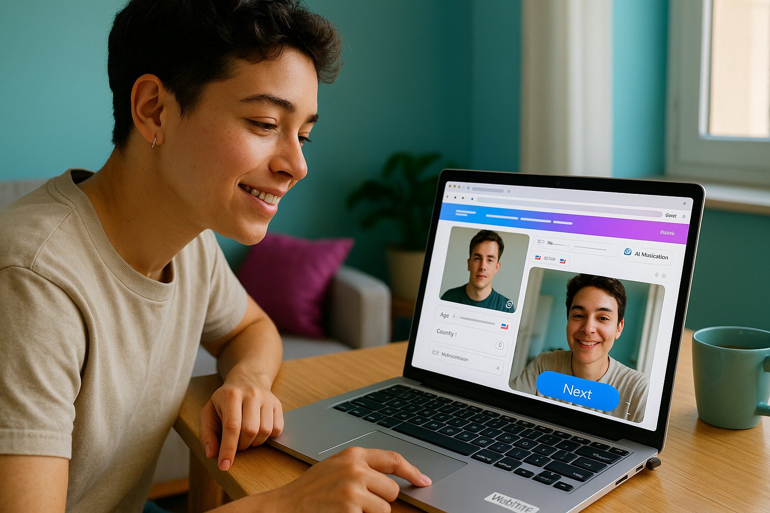 Person at laptop using a clean browser video chat with a prominent Next button.