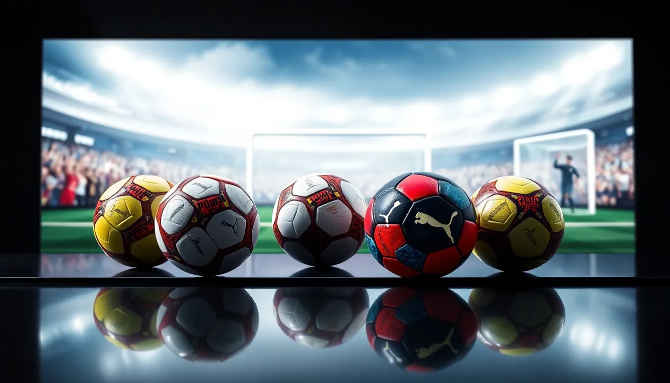 various Puma soccer balls displayed on a sleek surface.