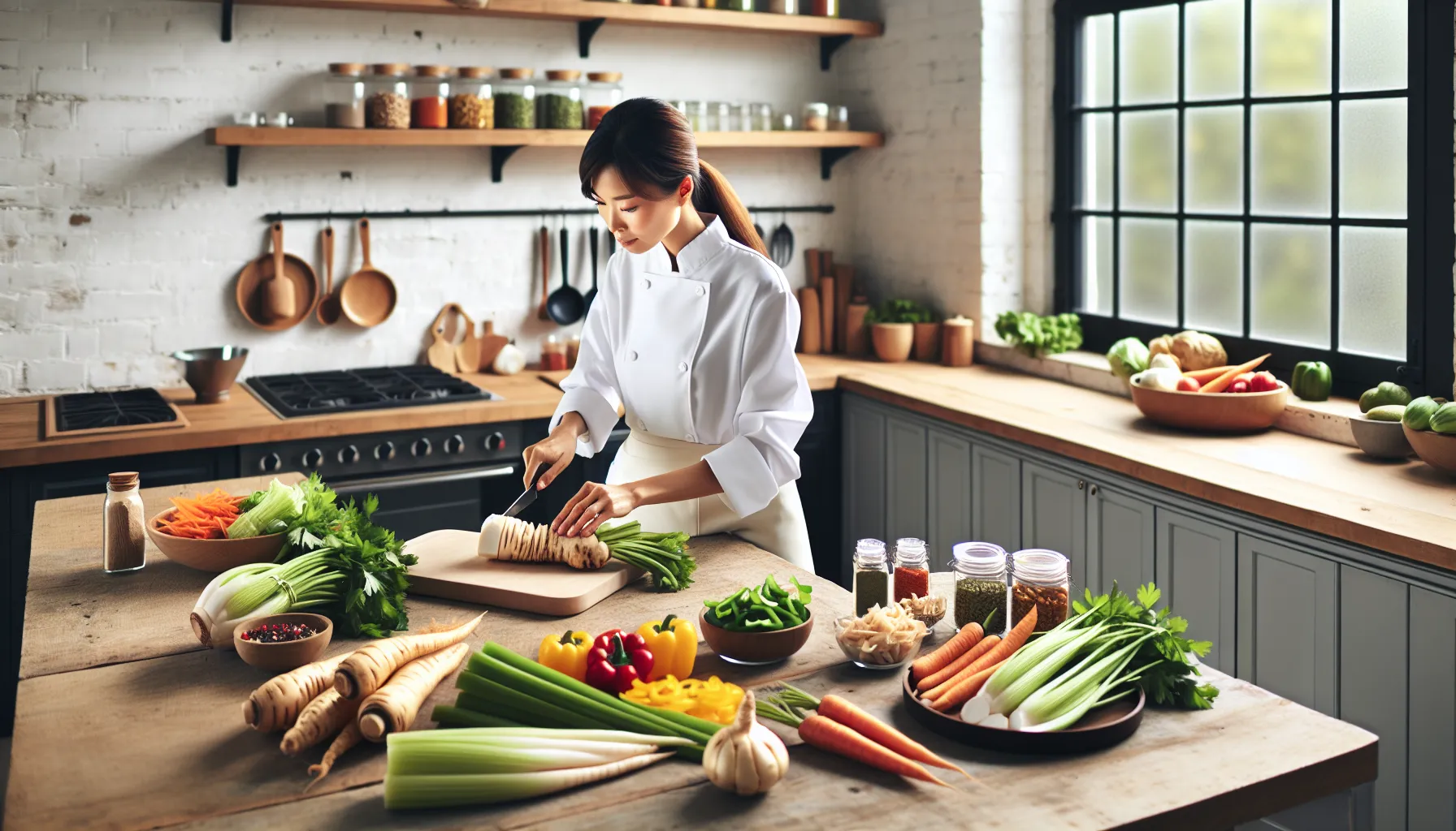 Chef preparing a salad with celery root in a modern kitchen.