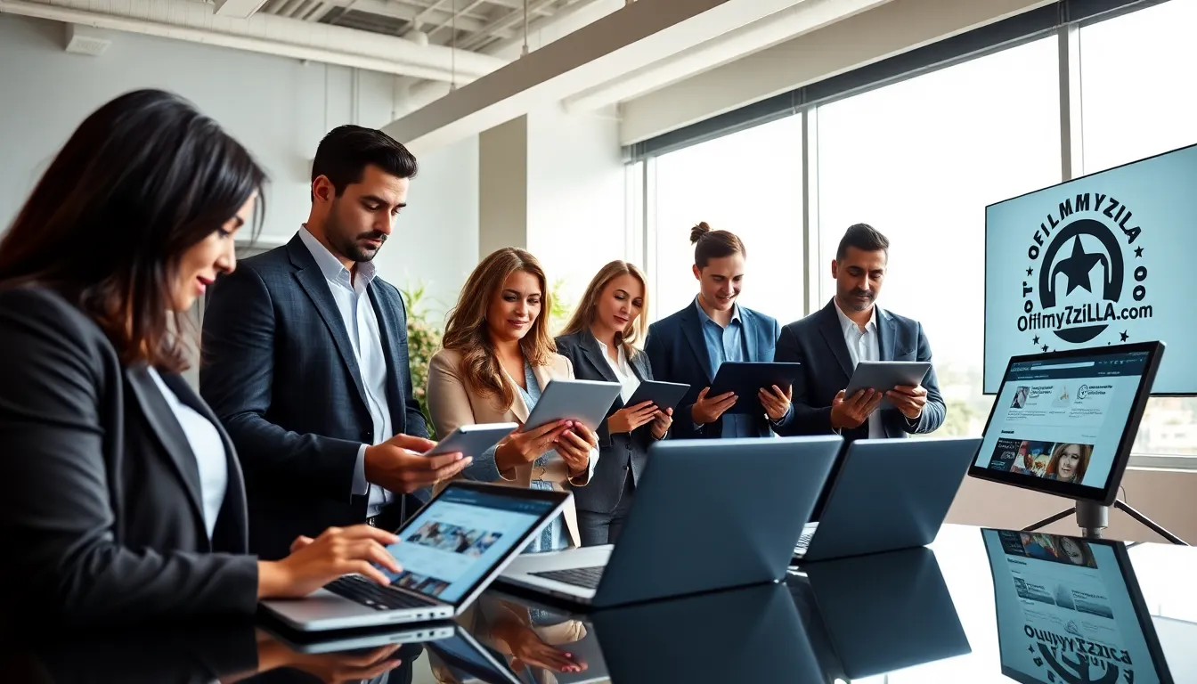 diverse professionals collaborating around Ofillmyzilla.com in a modern office.