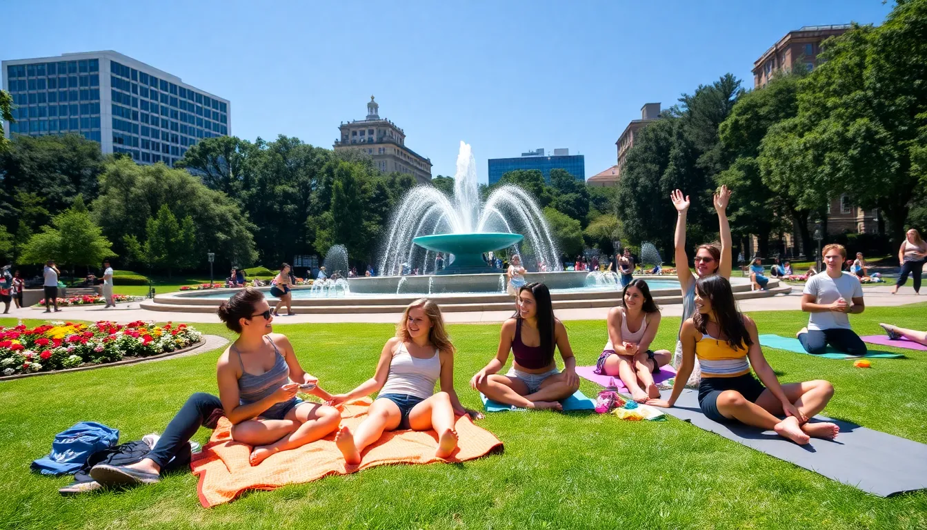 young adults enjoying a sunny day at Forsyth Park in Savannah.