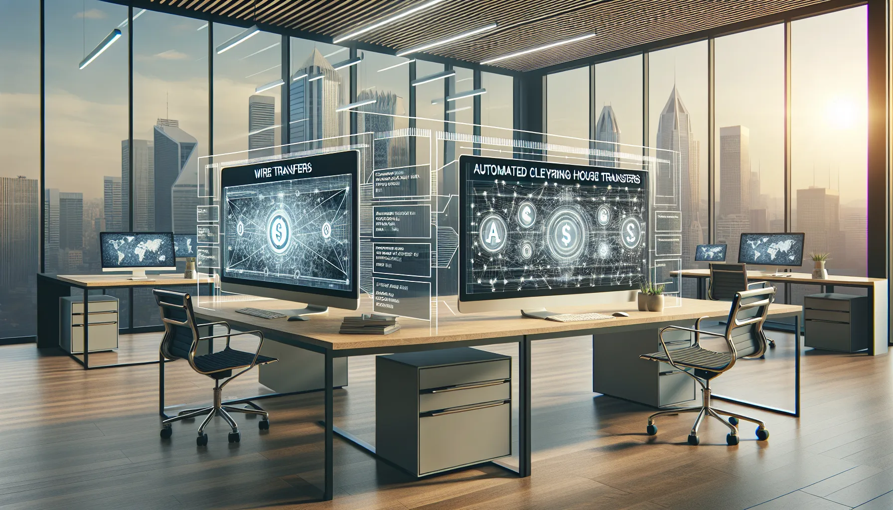 A comparison of ACH and wire transfer platforms in a modern office setting.