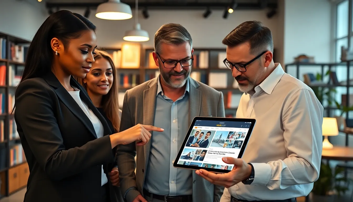 professionals discussing a digital collection in a modern office.