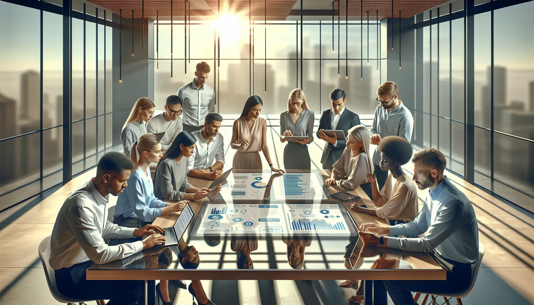 diverse team collaborating with Biszoxtall software in a modern office.