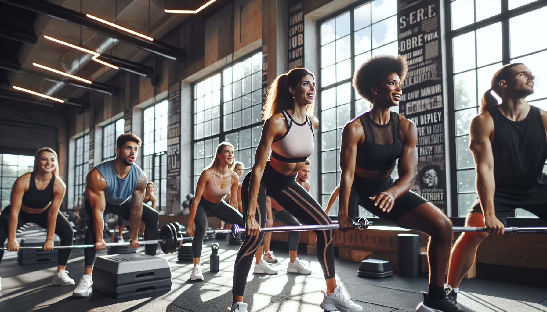 diverse fitness group working out in a modern gym.