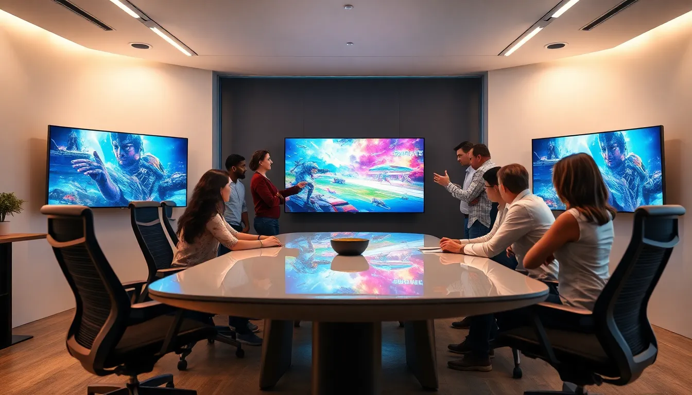 diverse team discussing game concepts in a modern office.