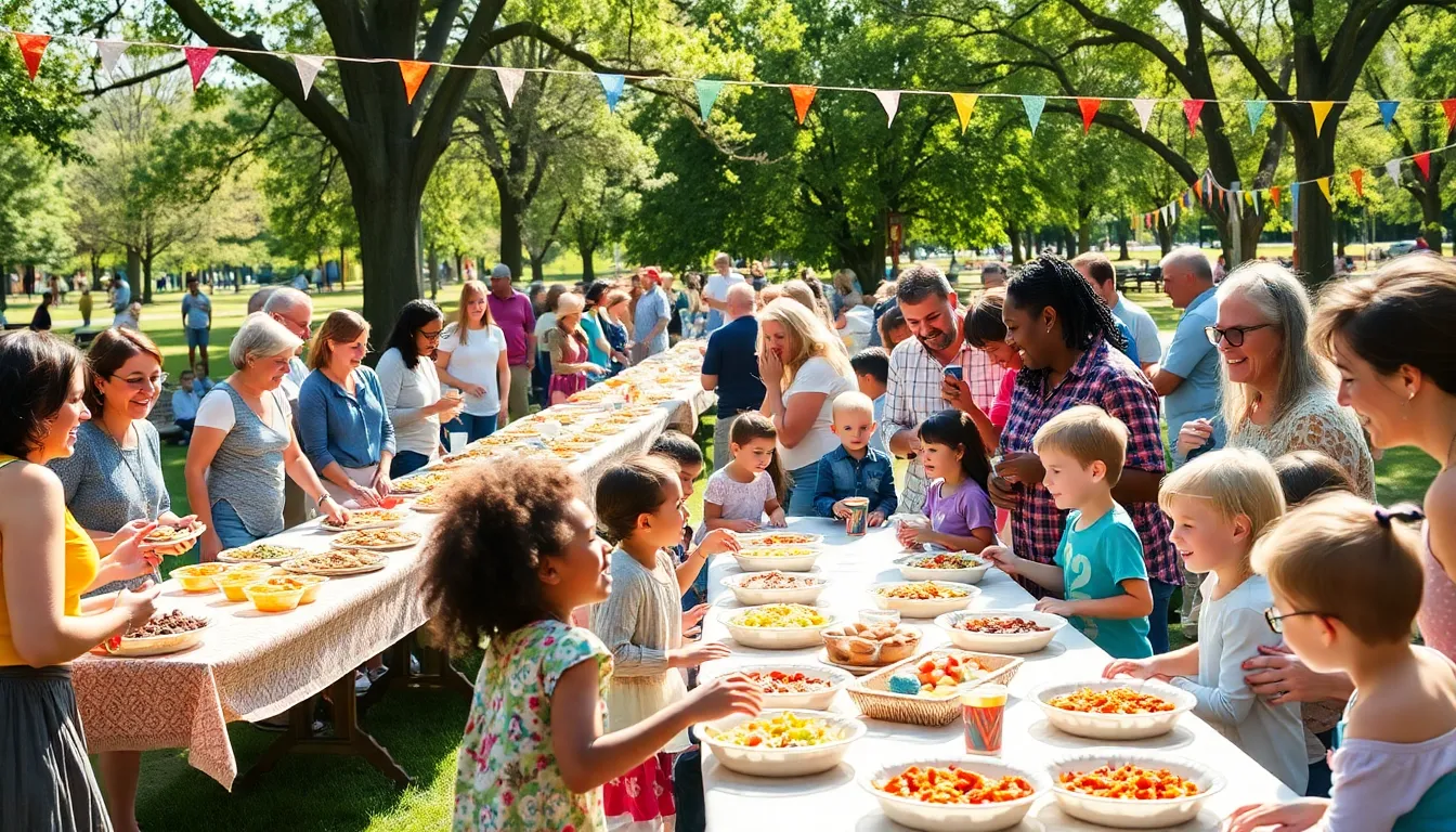 community potluck event outdoors with diverse participants enjoying homemade food.