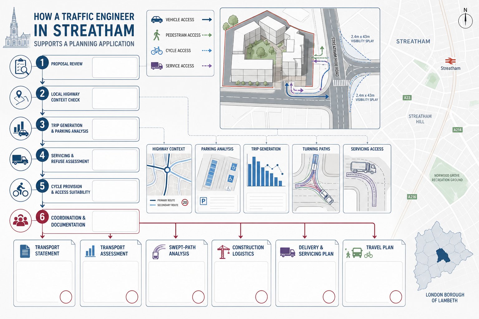 Infographic of traffic engineering steps for a Streatham planning application.