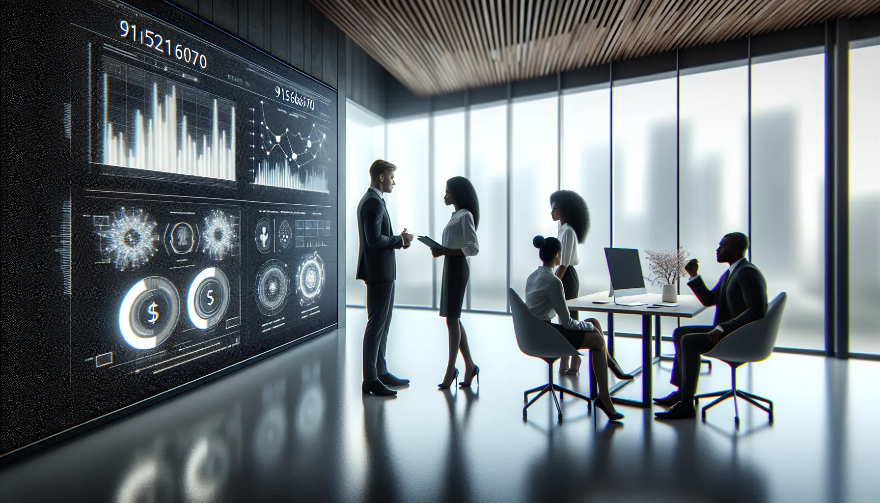 team analyzing digital data in a modern office.