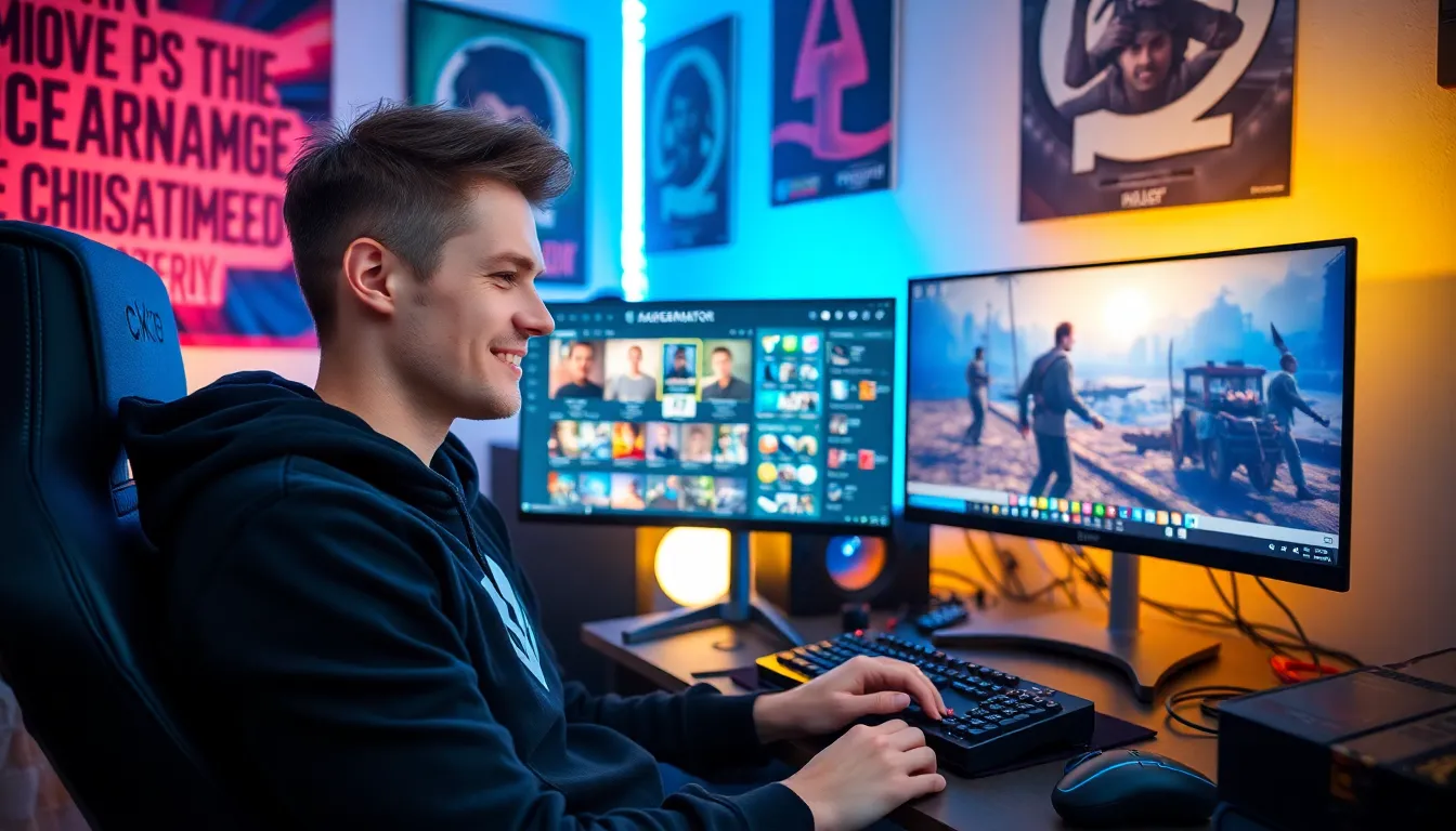 a young man using Ck2generator to create custom characters at his gaming setup.