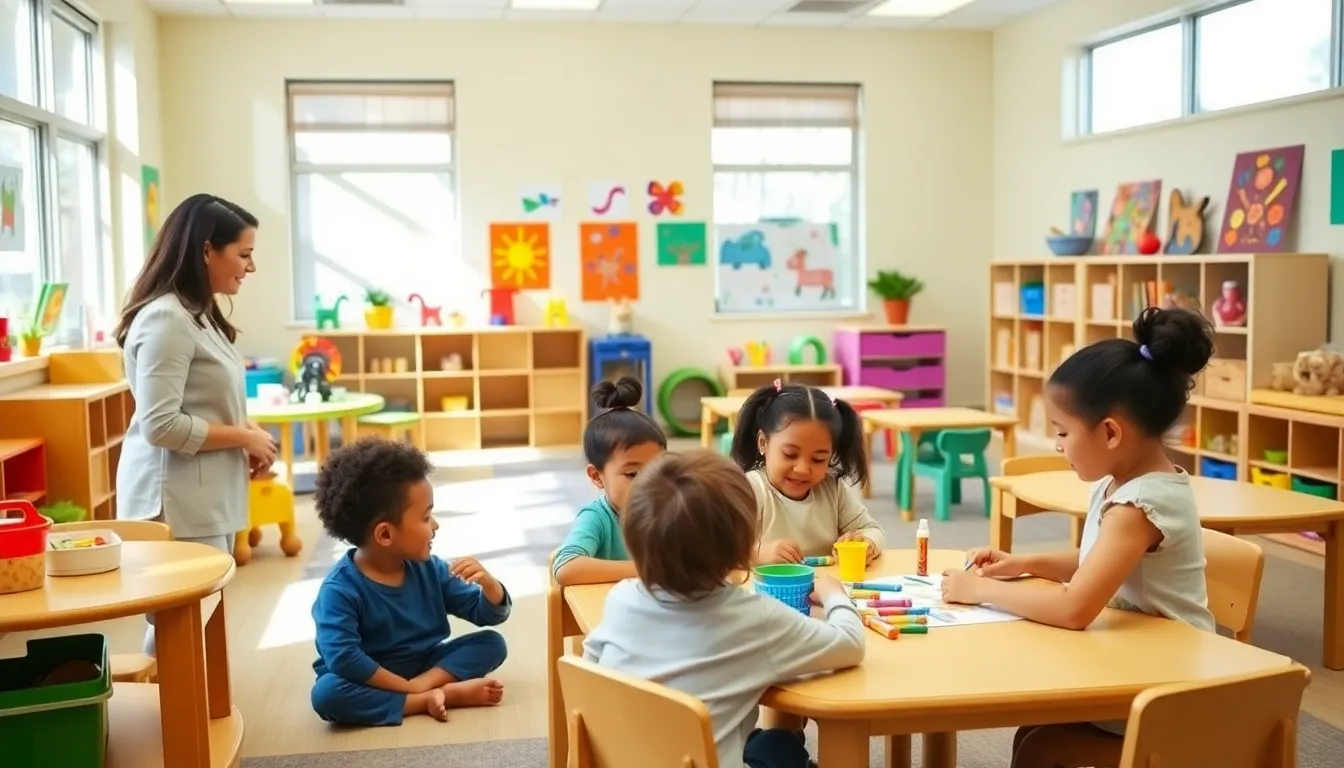 children collaborating in a colorful classroom at Columbus Early Learning Center.