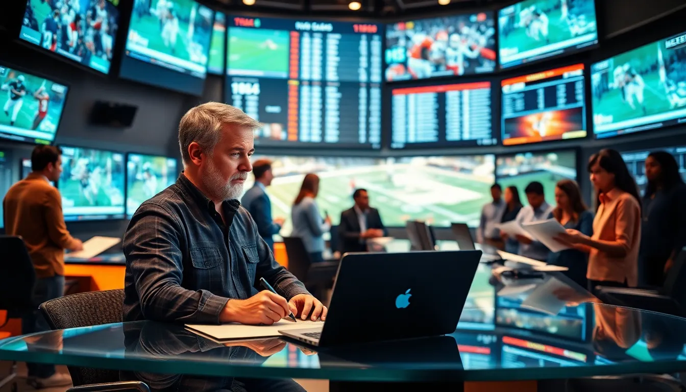 diverse sports journalists collaborating in a contemporary newsroom.