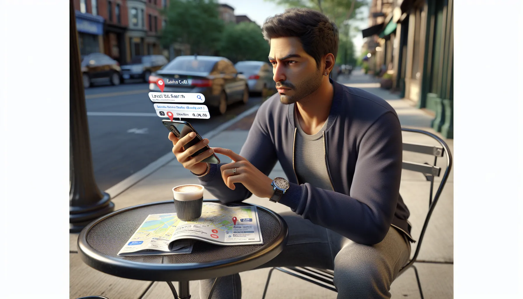Man in Le Blanc-Mesnil using Google on his phone to find local services.