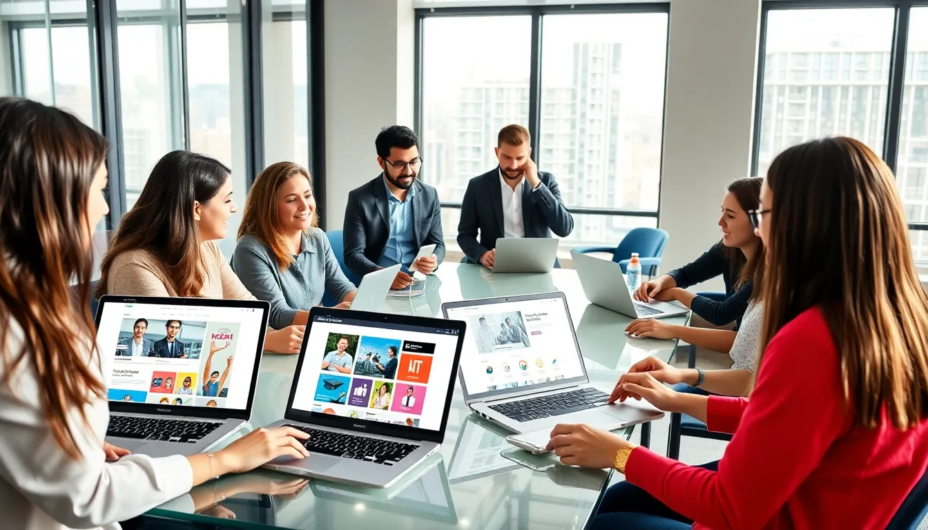 diverse team collaborating on digital designs in a modern office.