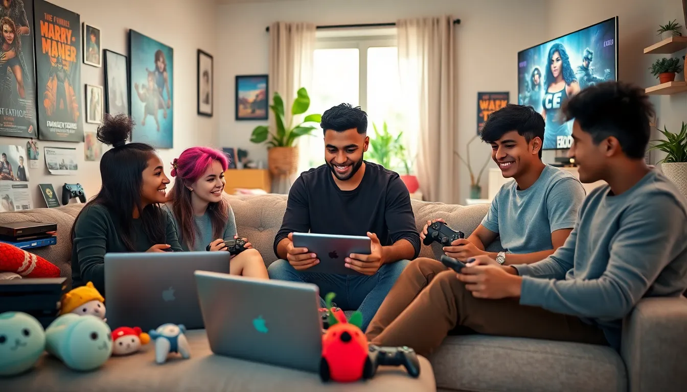 A diverse group of gamers engaging in a discussion in a cozy living room.