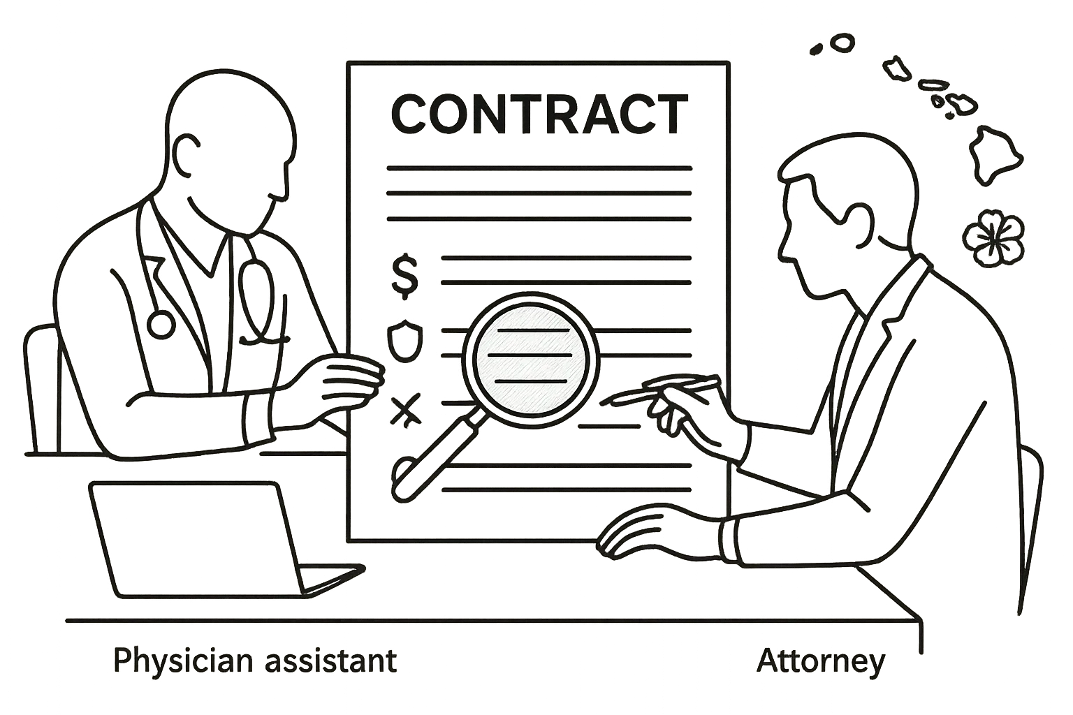 Physician assistant and attorney reviewing a contract with a magnified clause of Hawaii Physician Assistant Contract Review.