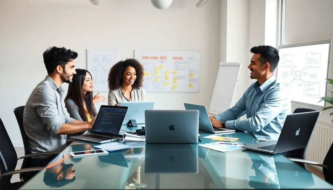 diverse software developers collaborating in a modern office.