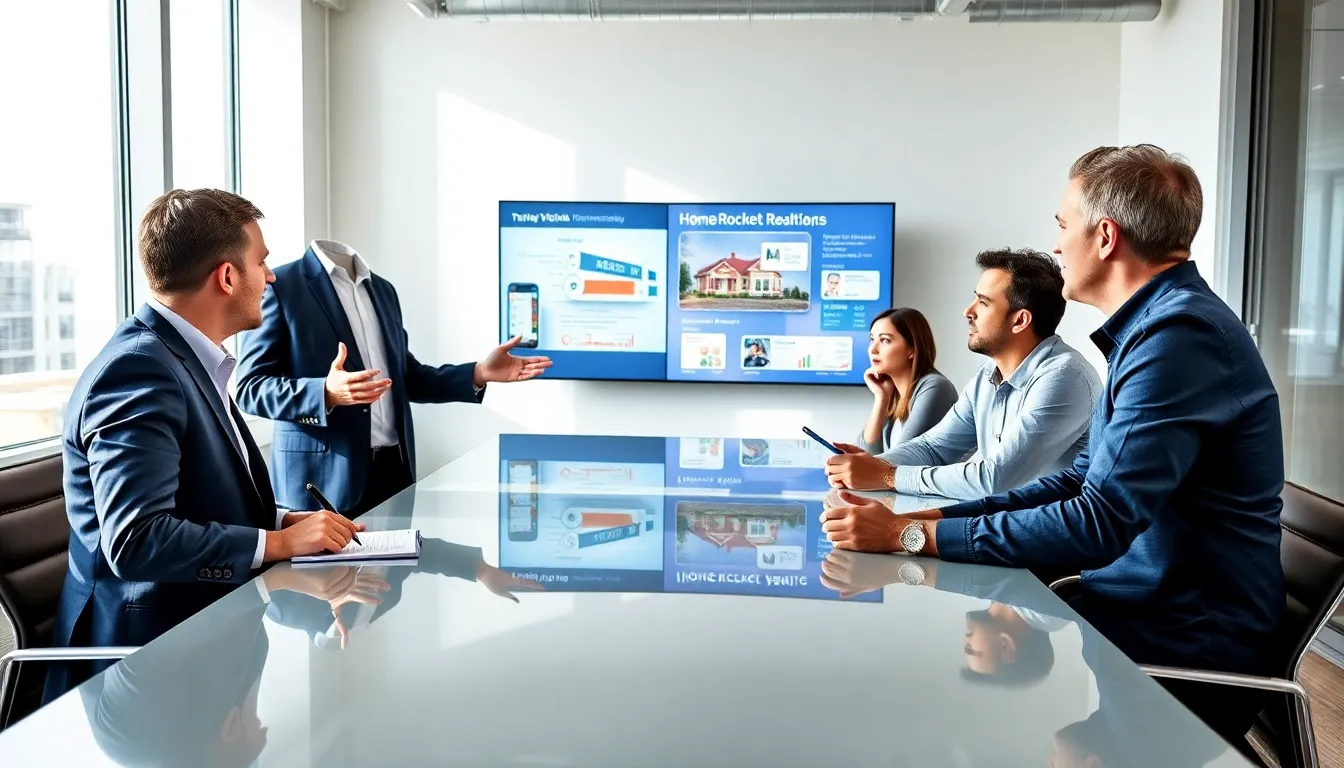 HomeRocket Realty leadership team discussing strategies in a modern office.