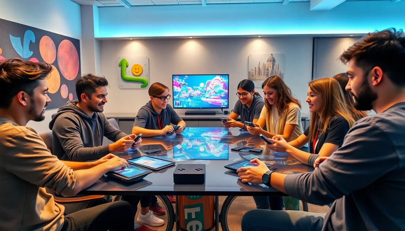 diverse group collaborating on imaginative game designs in a modern office.