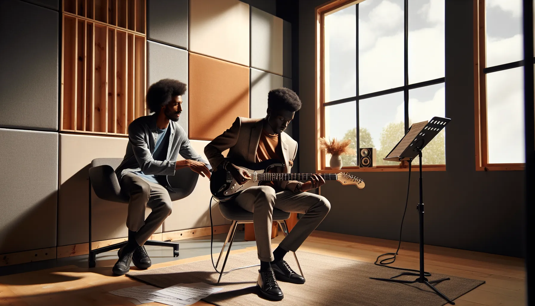 guitarist tuning an electric guitar in a bright studio.
