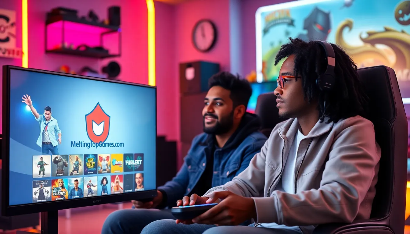 two gamers in a modern gaming room engaging with MeltingTopGames.com.