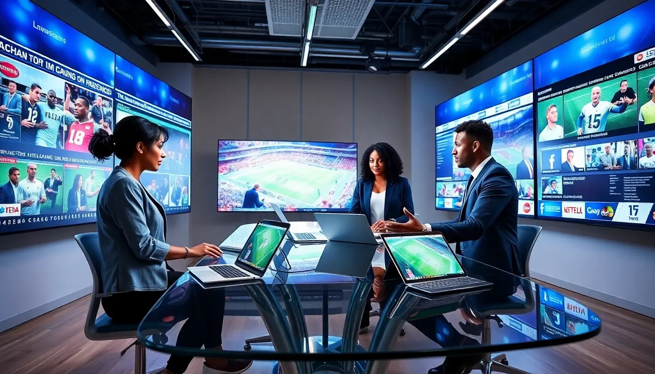 diverse sports journalists discussing breaking news in a modern office.