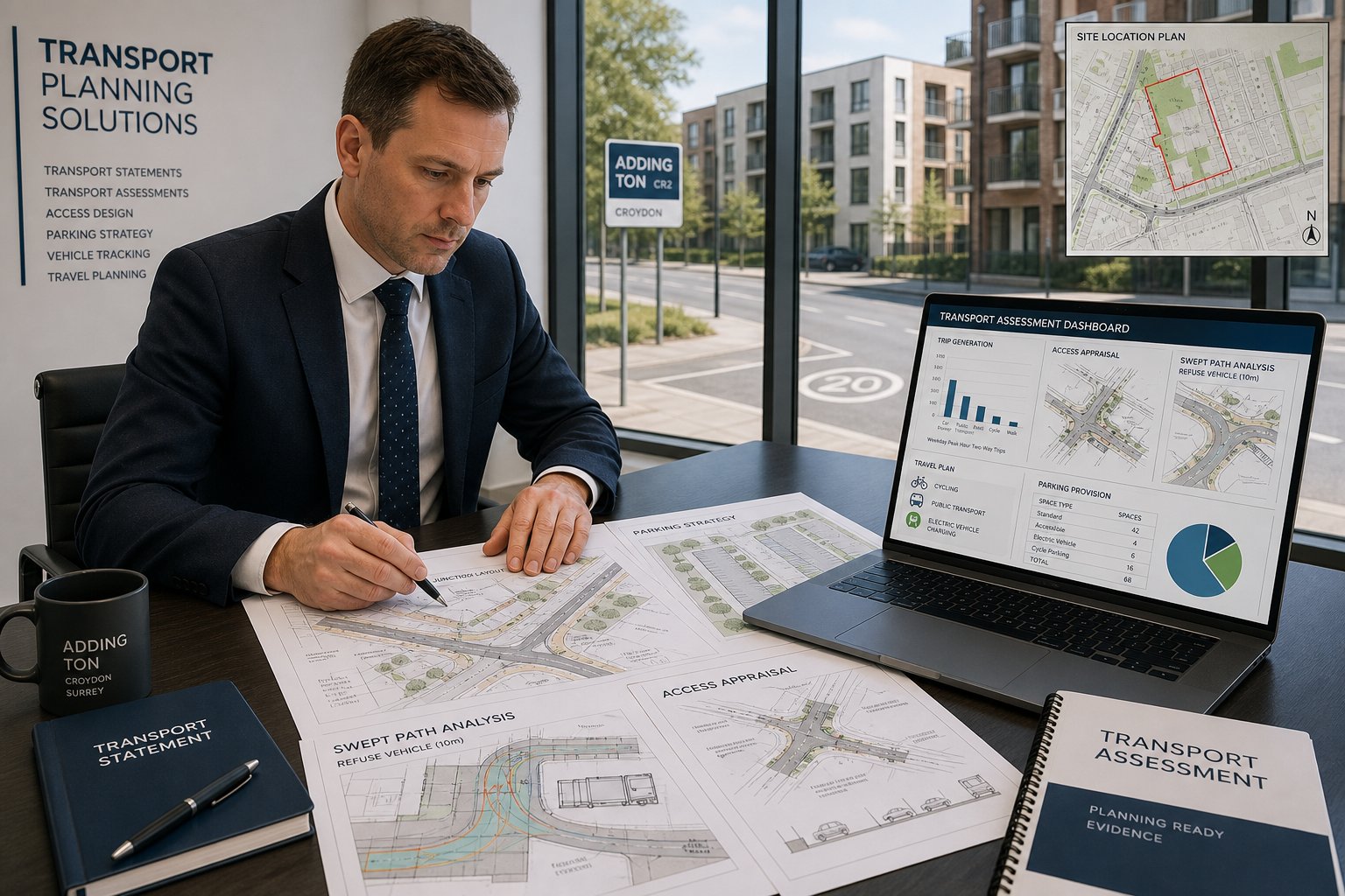 Traffic engineer reviewing transport planning reports and site access plans in office.