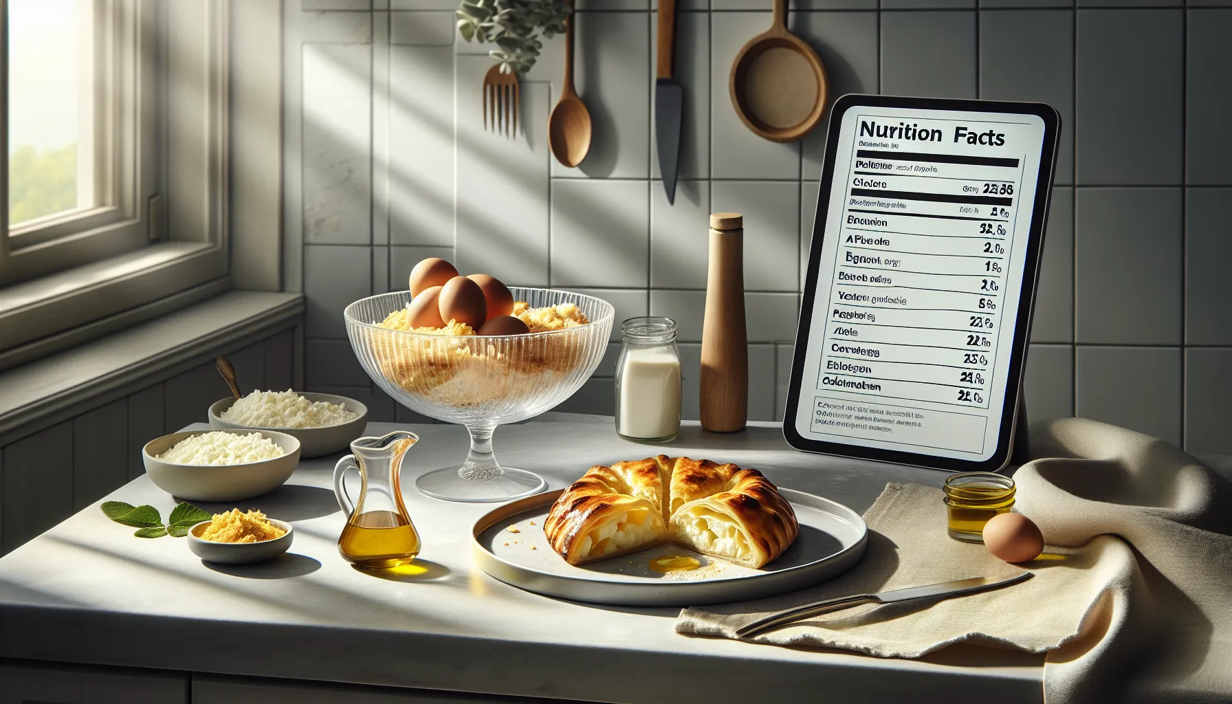 Slice of cheese burek and nutrition facts on a countertop.