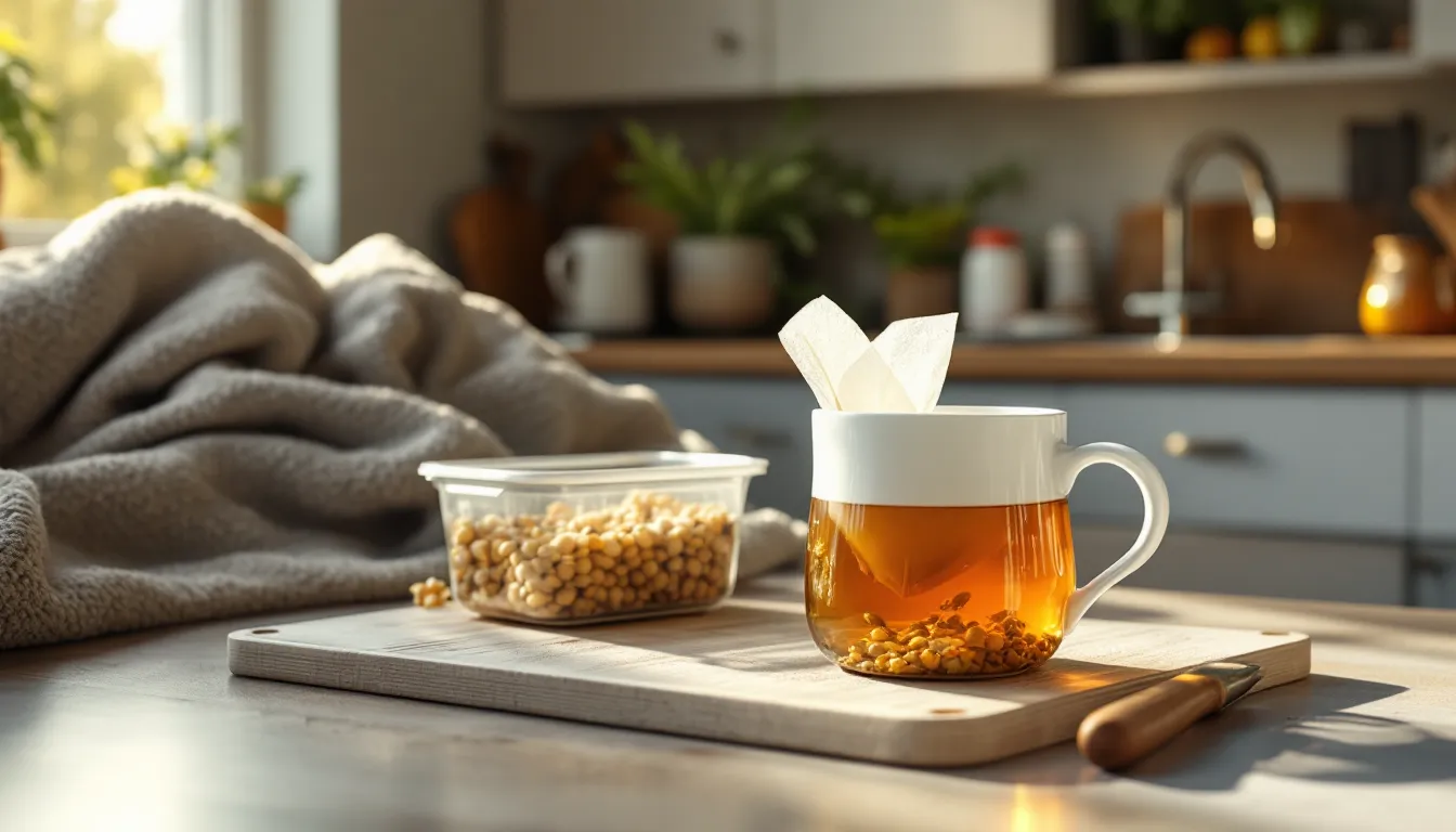 Kitchen countertop with plastic water bottle, tea bag, and airborne fibers in sunlight.