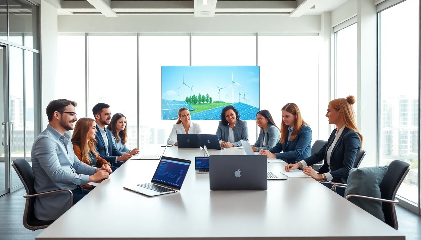 diverse team collaborating on renewable energy solutions in a modern office.