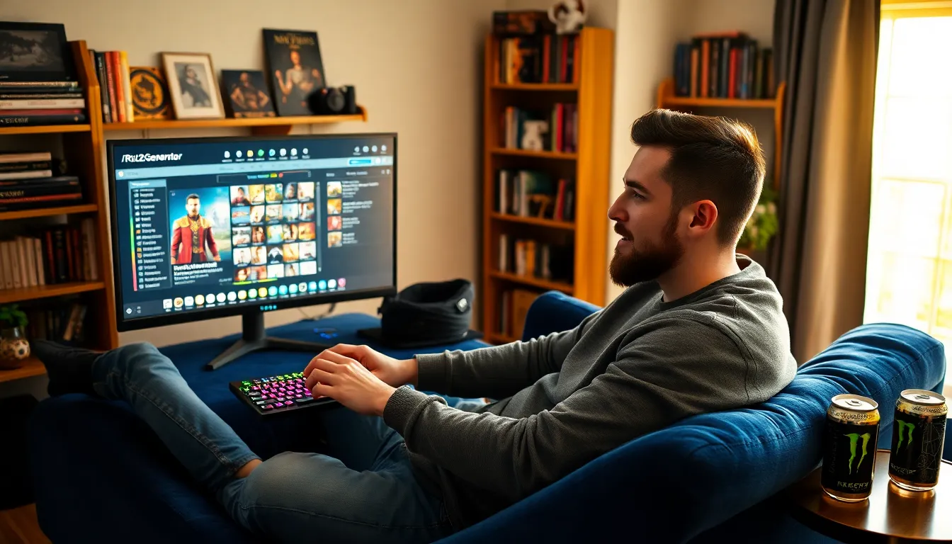 a young man using a character generator for a medieval strategy game.