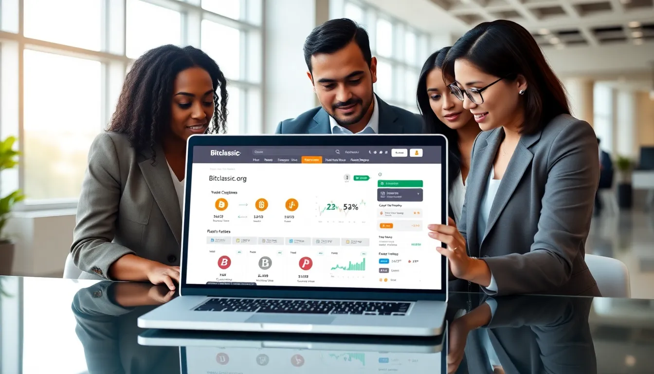 diverse professionals discussing crypto trading with Bitclassic.org on a laptop.