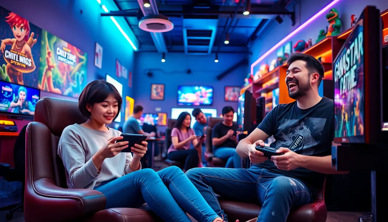 diverse gamers enjoying video games in a modern lounge environment.