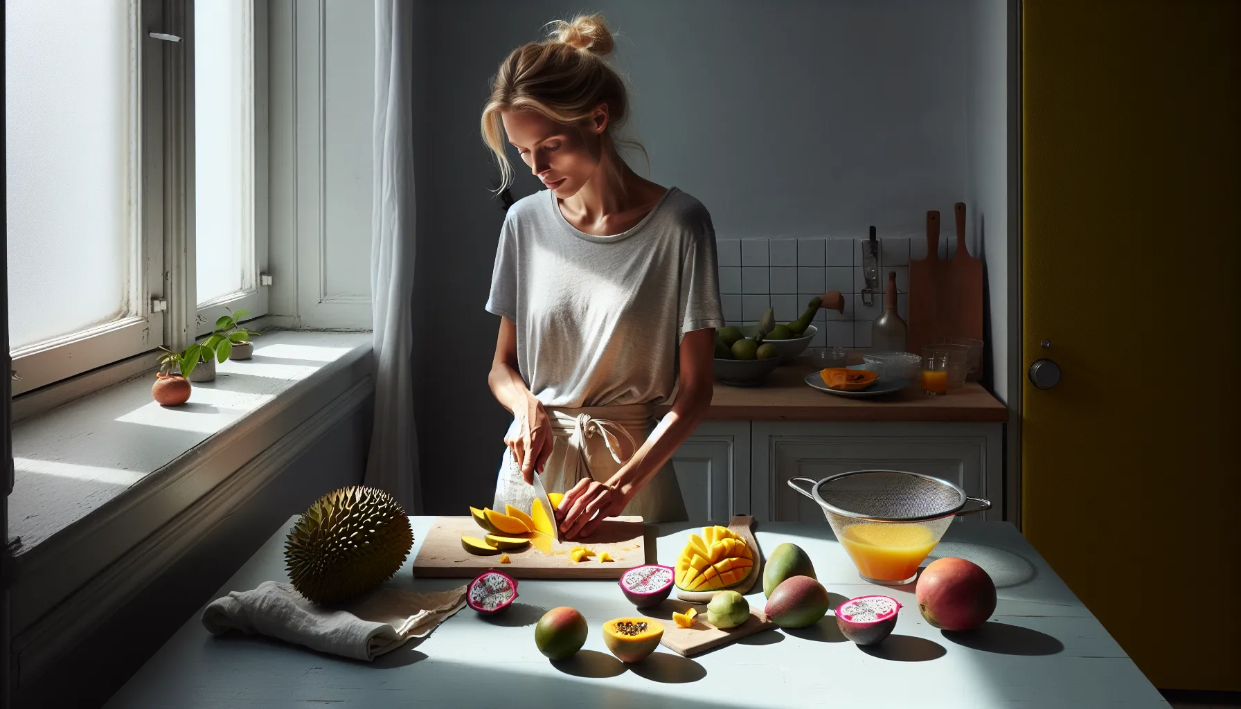 De mest eksotiske fruktene og hvordan tilberede dem 2 Woman in a norwegian kitchen safely cutting and preparing assorted exotic fruits.