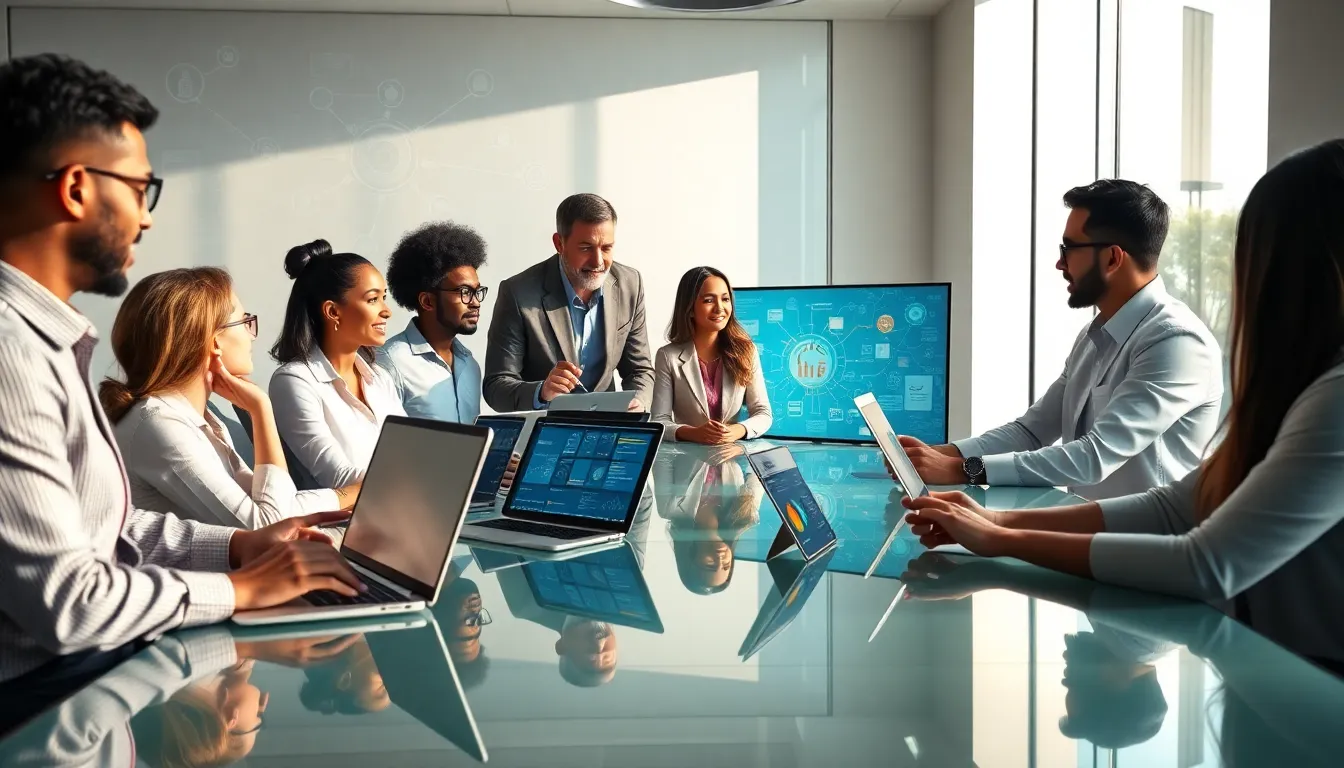 diverse team discussing software applications in a modern office.