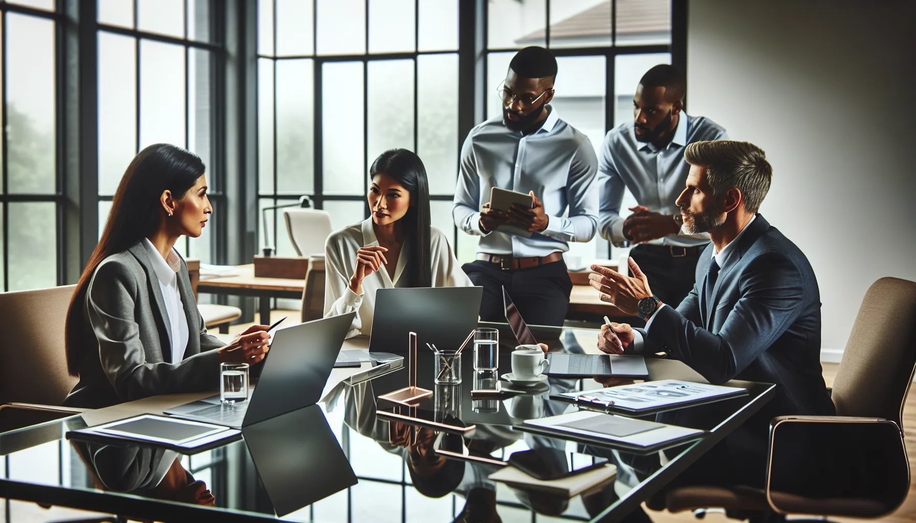 team discussing laptop buying options in a modern office.