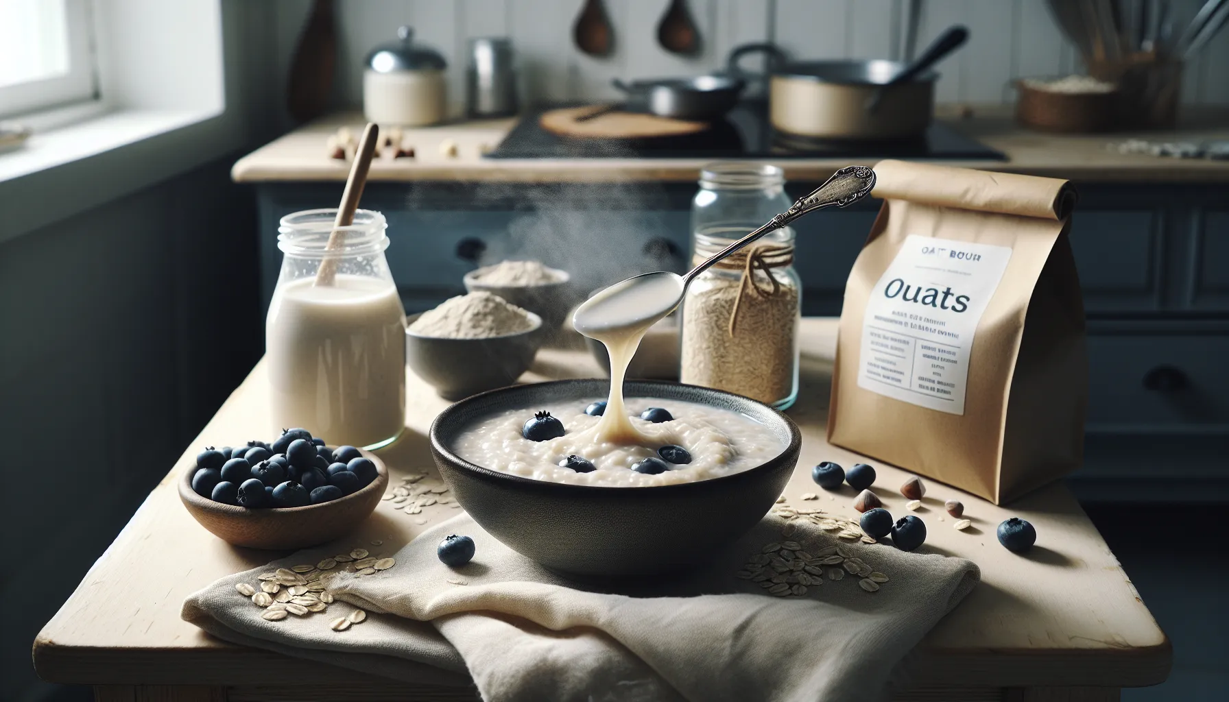 Spoon lifting viscous norwegian oatmeal, berries and nuts, amid oat products.