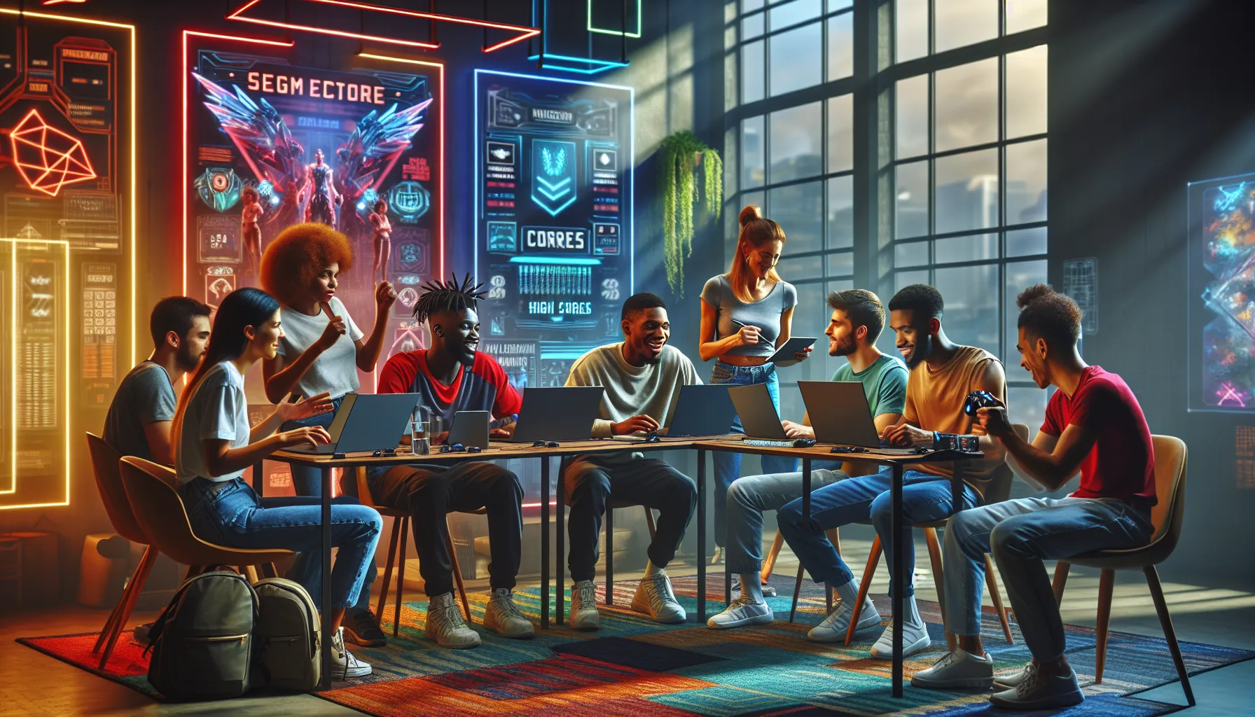 diverse gamers discussing strategies in a modern office setting.