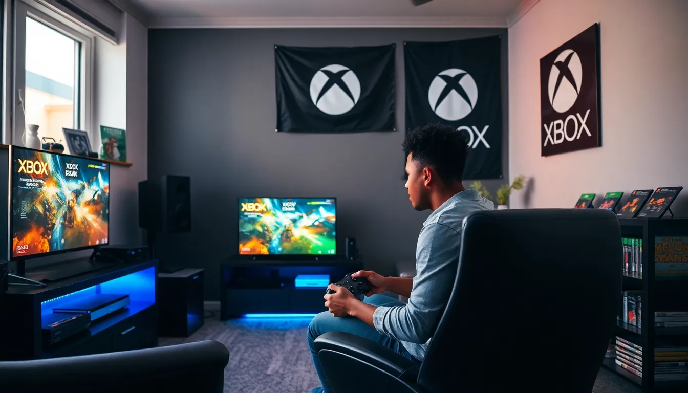 gamer playing Xbox in a modern gaming room.