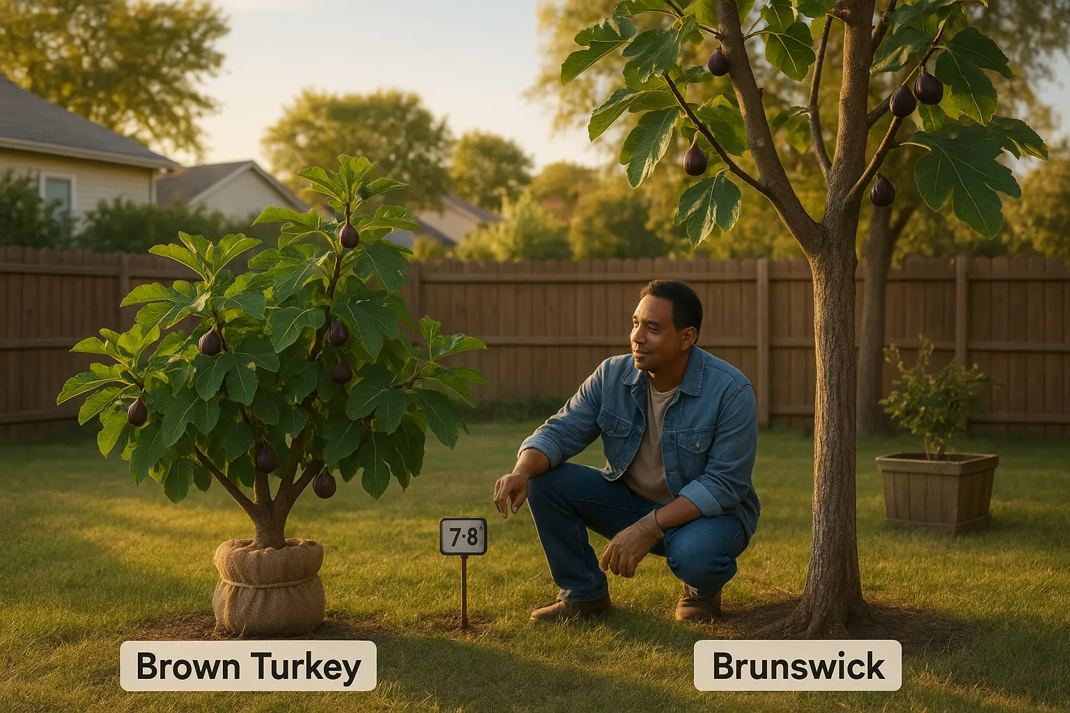 Two fig trees side-by-side: bushy Brown Turkey and taller upright Brunswick.