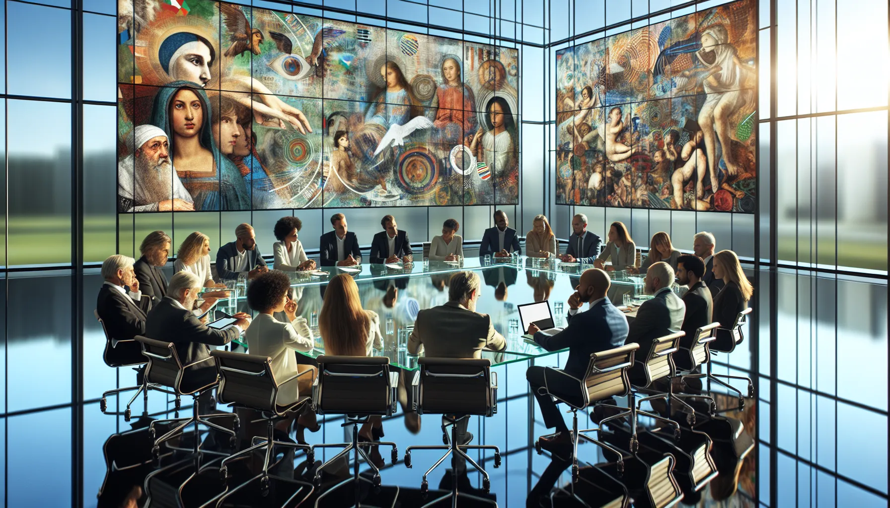 diverse group discussing historical concepts in a modern office setting.