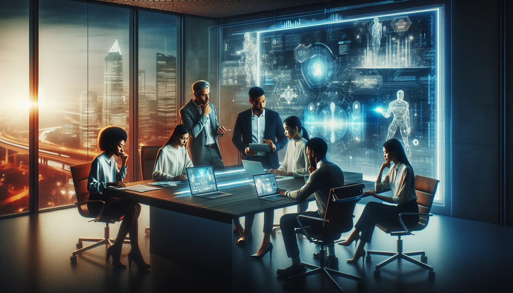 diverse team collaborating on futuristic technology concepts in a modern office.