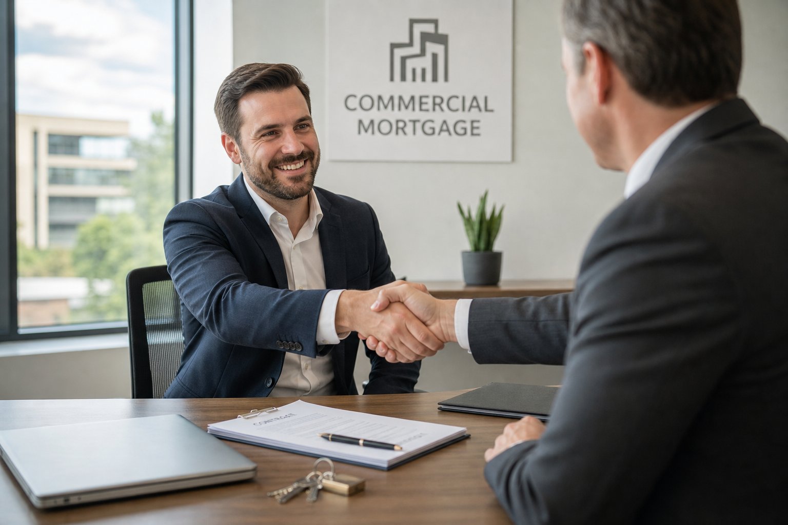Handshake concluding a commercial mortgage meeting with documents and keys on the desk.