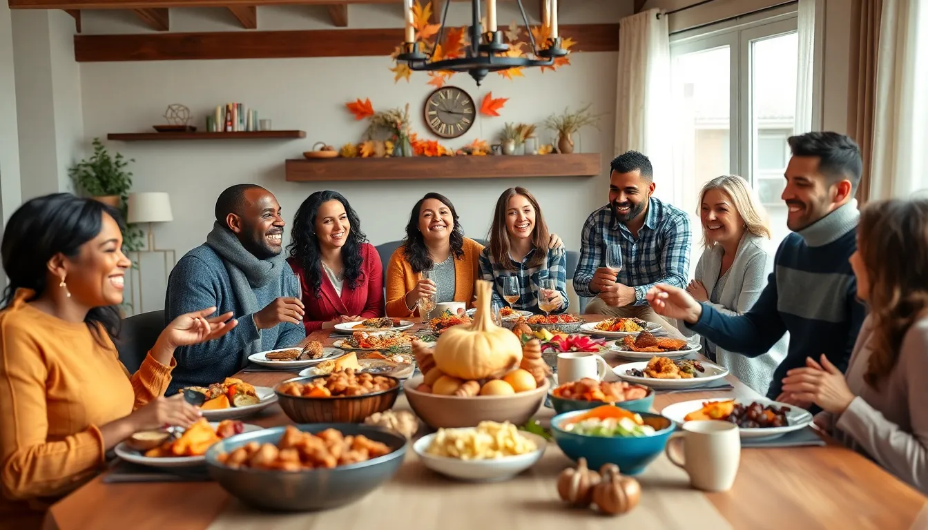 diverse group celebrating Thanksgiving in a modern home.