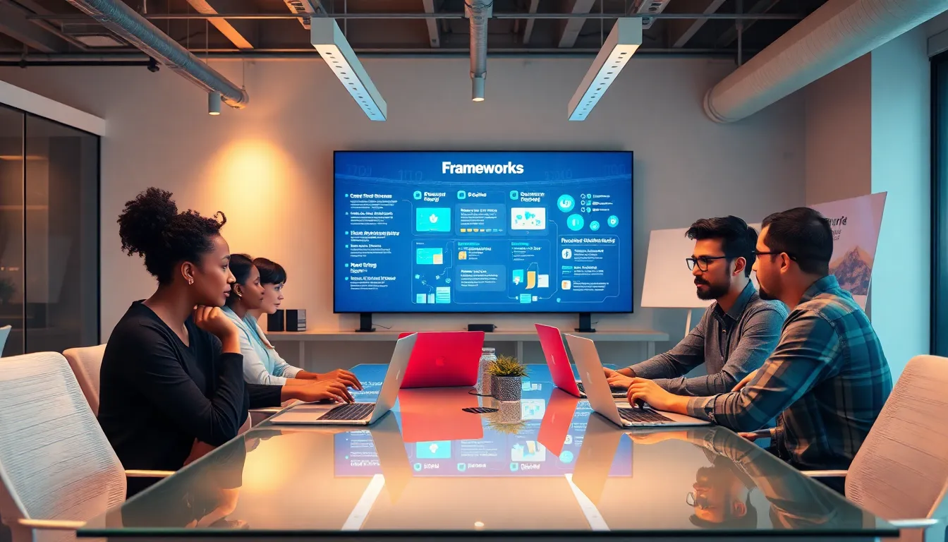 diverse developers collaborating in a modern co-working space.