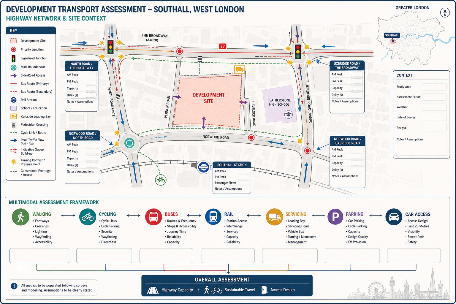 Infographic of Southall development transport issues, junction capacity, and sustainable travel links.